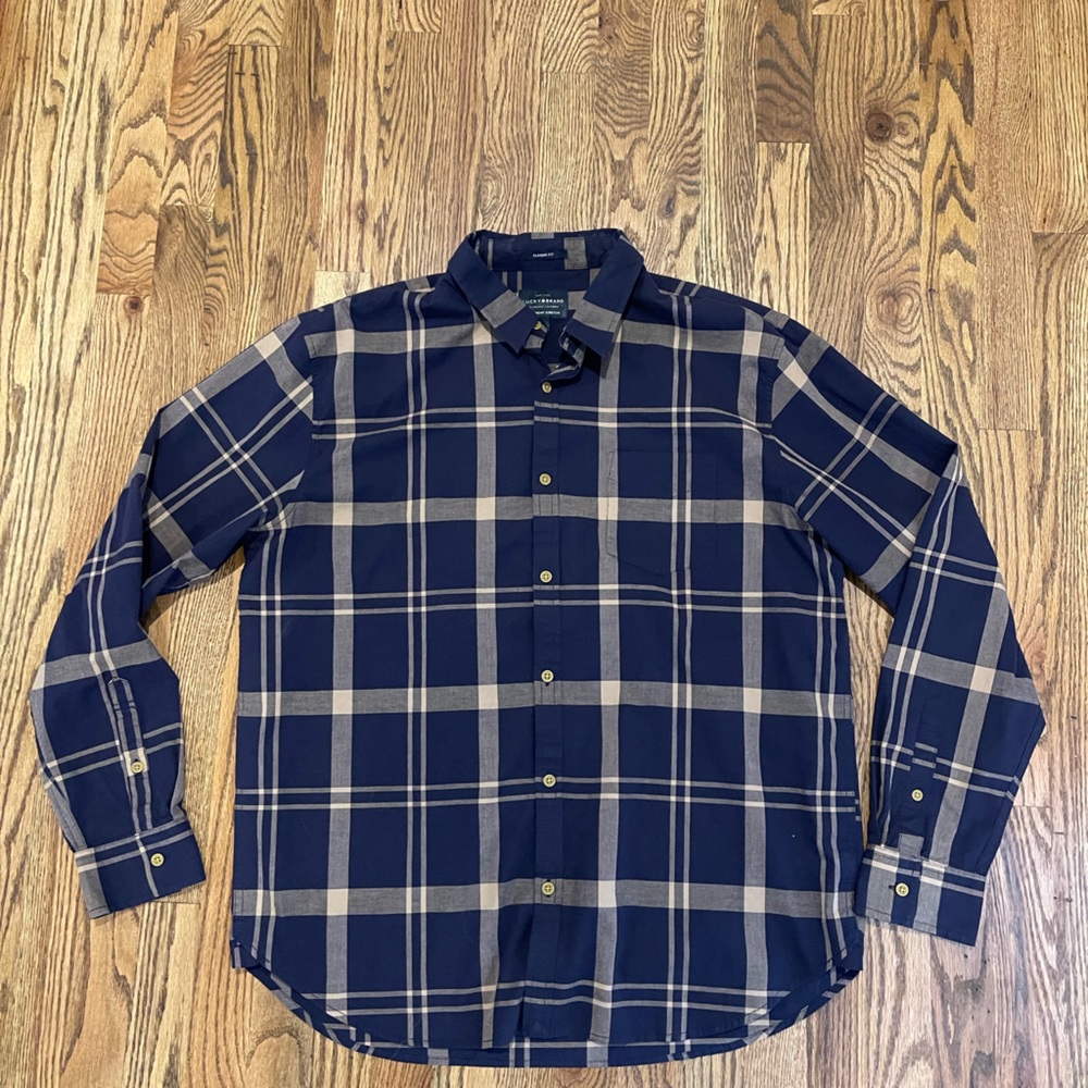 Lucky Brand: Men's Navy Blue Plaid Button-Down Shirt